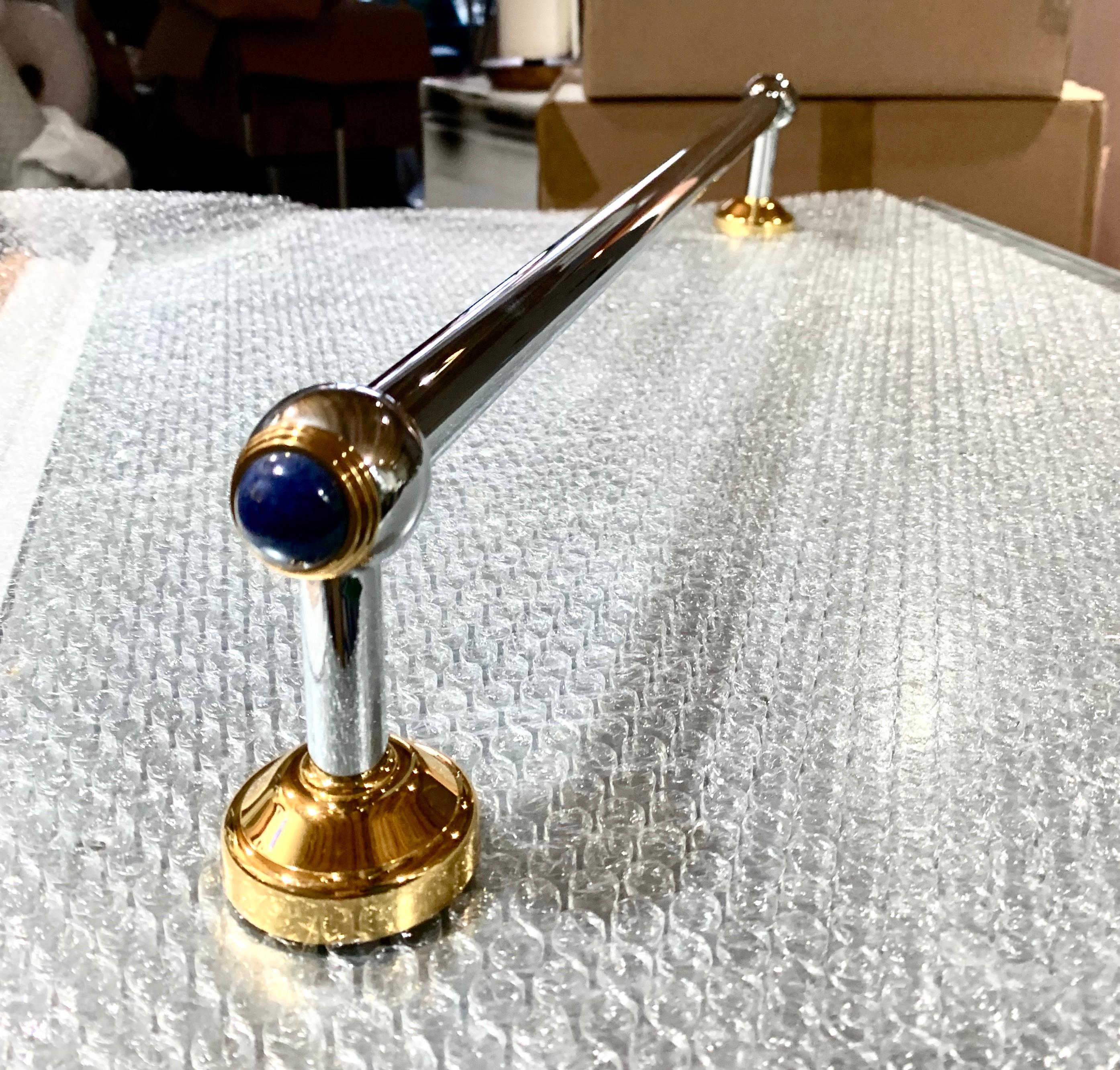 Blue Lapiz and 24-karat gold-clad and chromed bronze towel rack by Serdaneli, Paris. Vintage display piece, never installed. For over 45 years, Serdaneli, the 