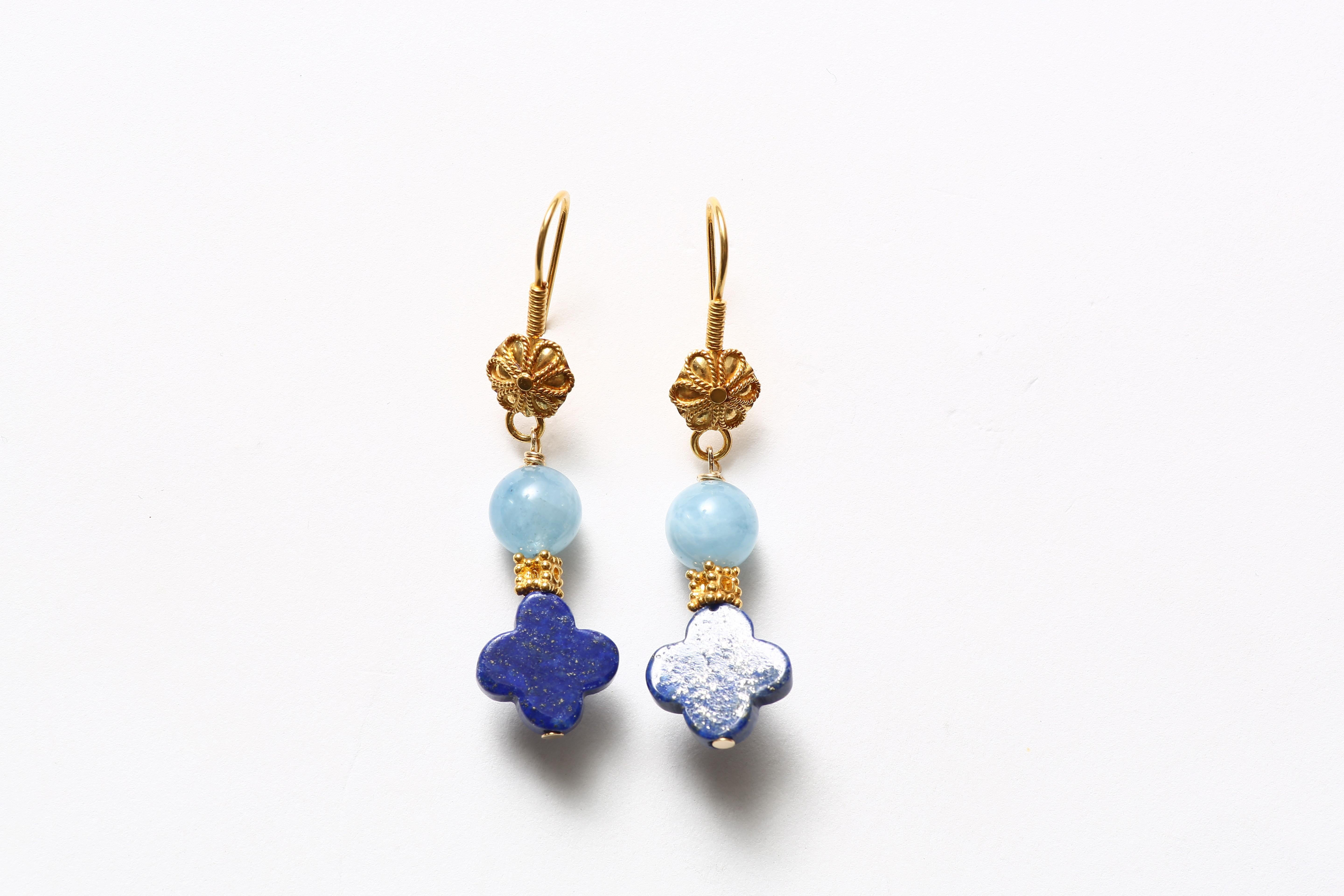 Contemporary Blue Lapiz Aquamarine Gold Drop Earrings For Sale