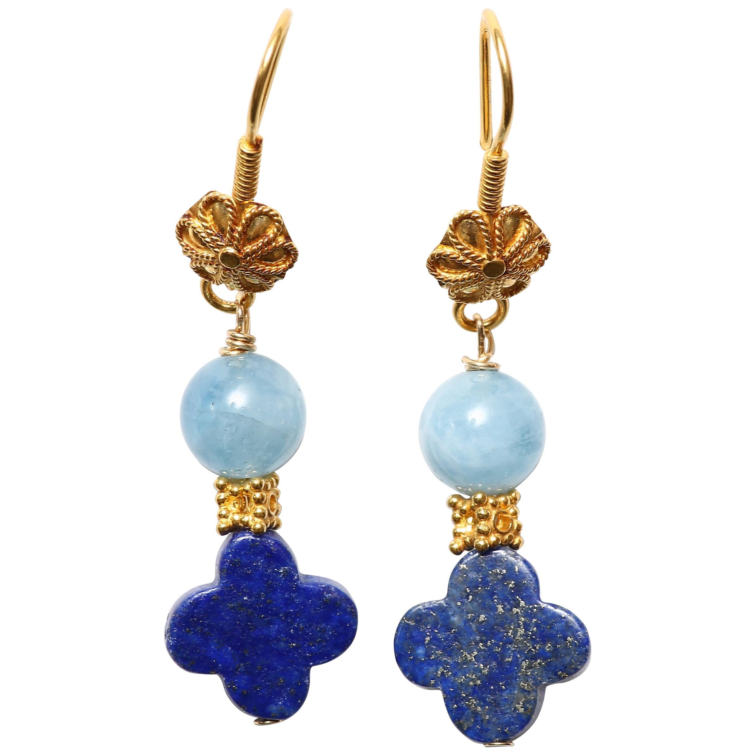 Blue Lapiz Aquamarine Gold Drop Earrings