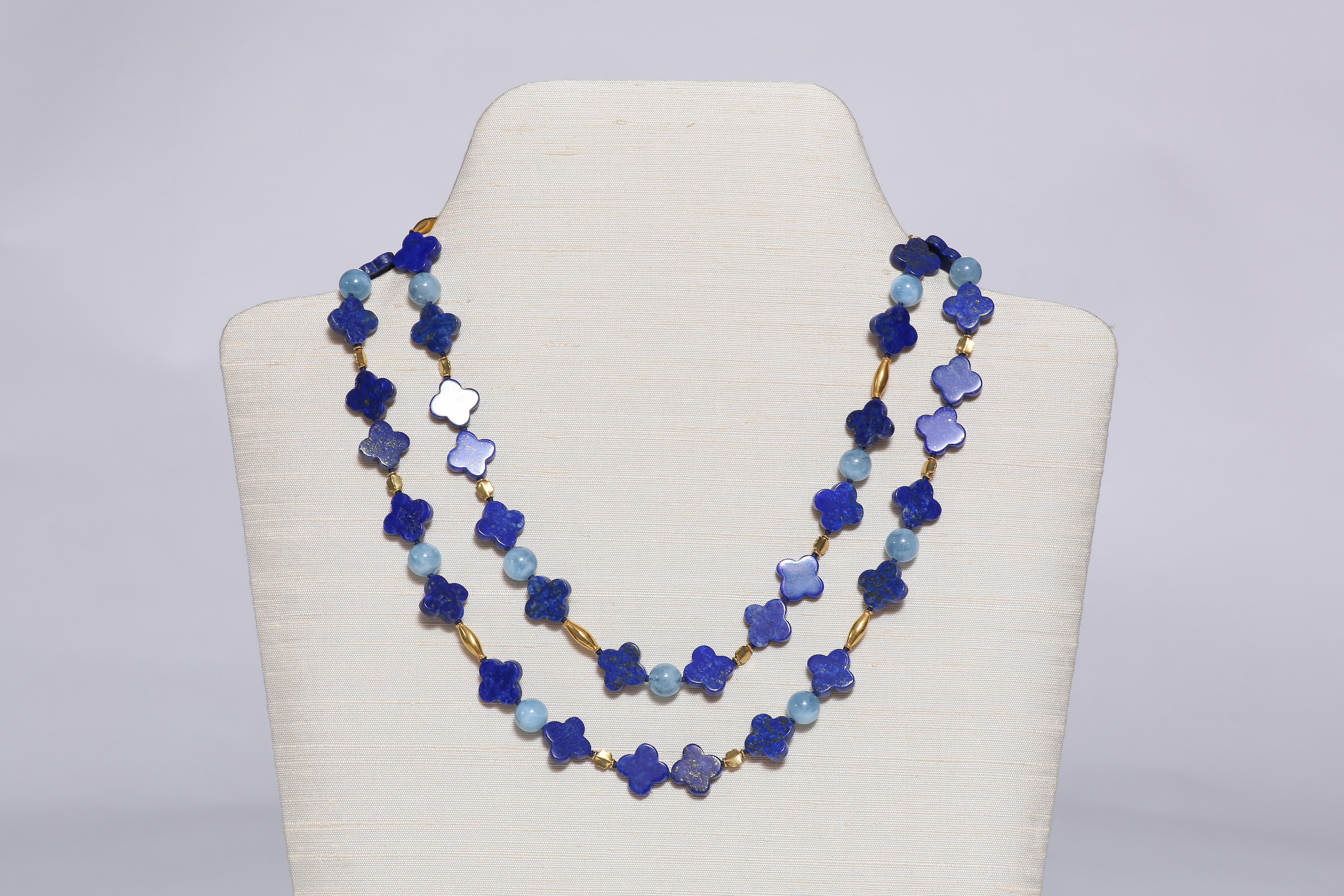 Contemporary Blue Lapiz Aquamarine Gold Necklace