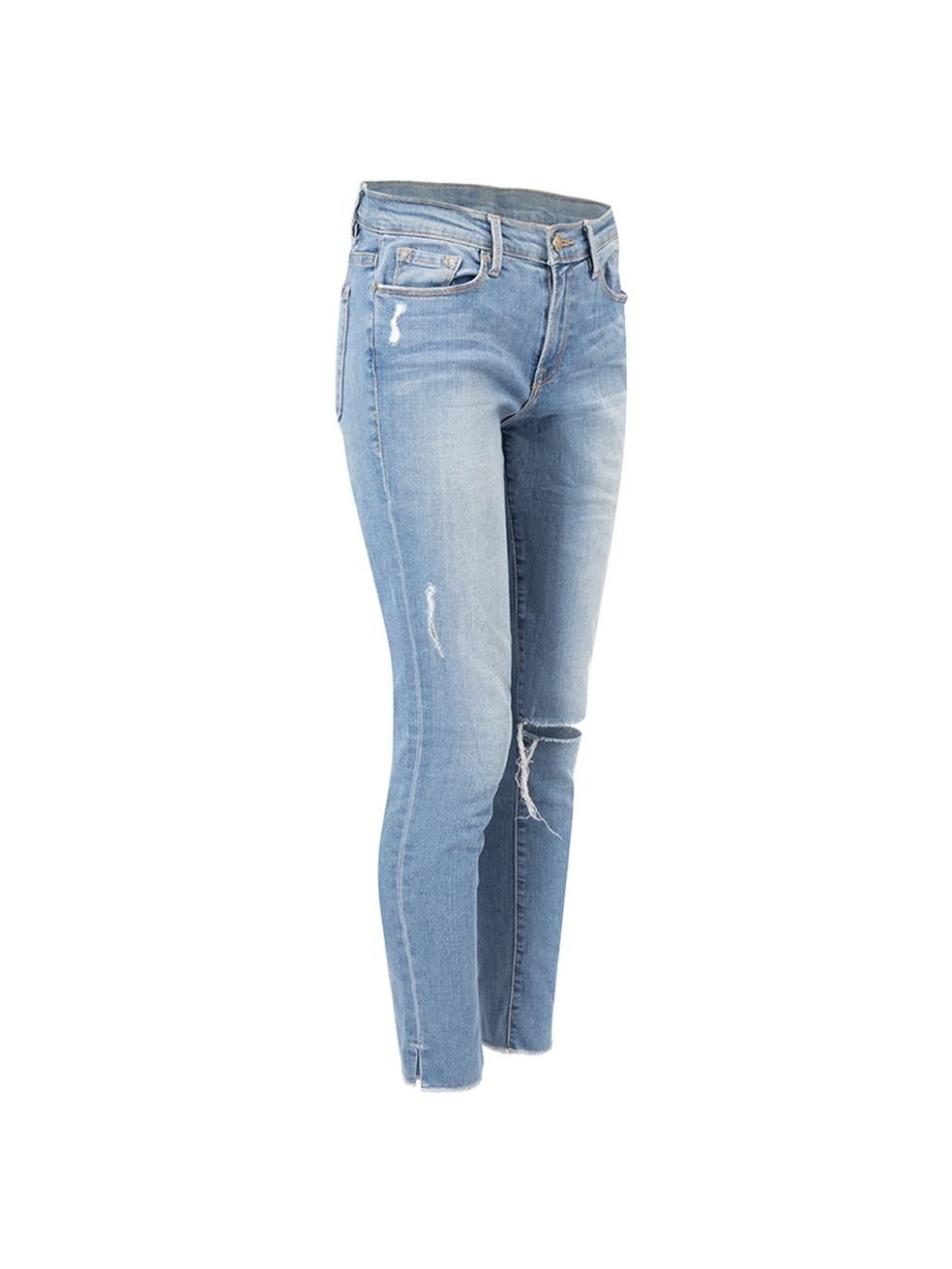 CONDITION is Very good. Minimal wear to jeans is evident. Minimal wear to the waistband and overall denim material which is soft from use on this used Frame designer resale item. 
 
 Details
  Blue
 Denim
 Skinny jeans
 Cropped length
 Mid rise
