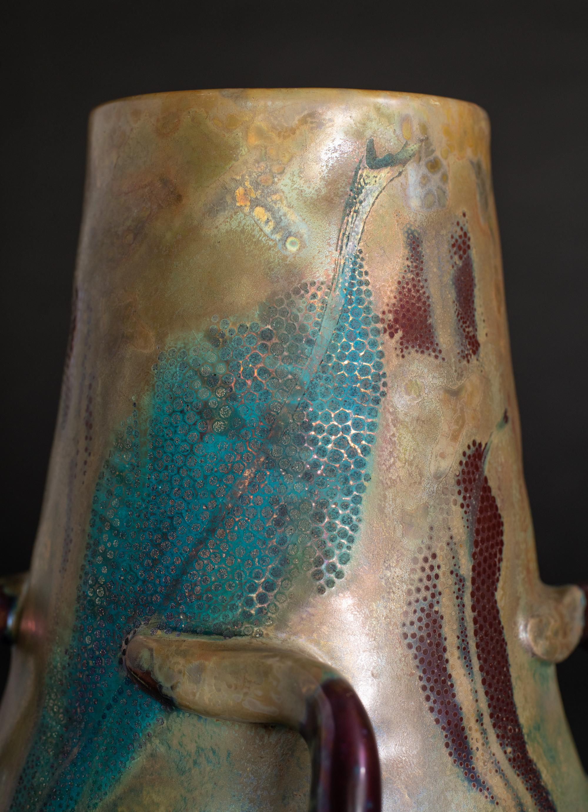 Blue Leaf Iridescent Art Nouveau Vase by Lucien-Levy Dhurmer for Clement Massier In Excellent Condition For Sale In Chicago, US