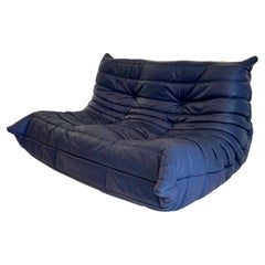 Blue Leather 2 Seater Togo Sofa by Ligne Roset, 1980s France