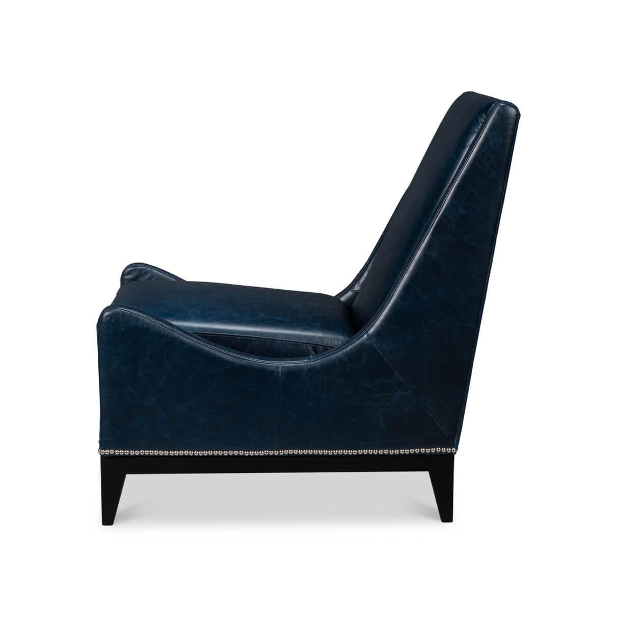 Mid-Century Modern Blue Leather Accent Chair For Sale
