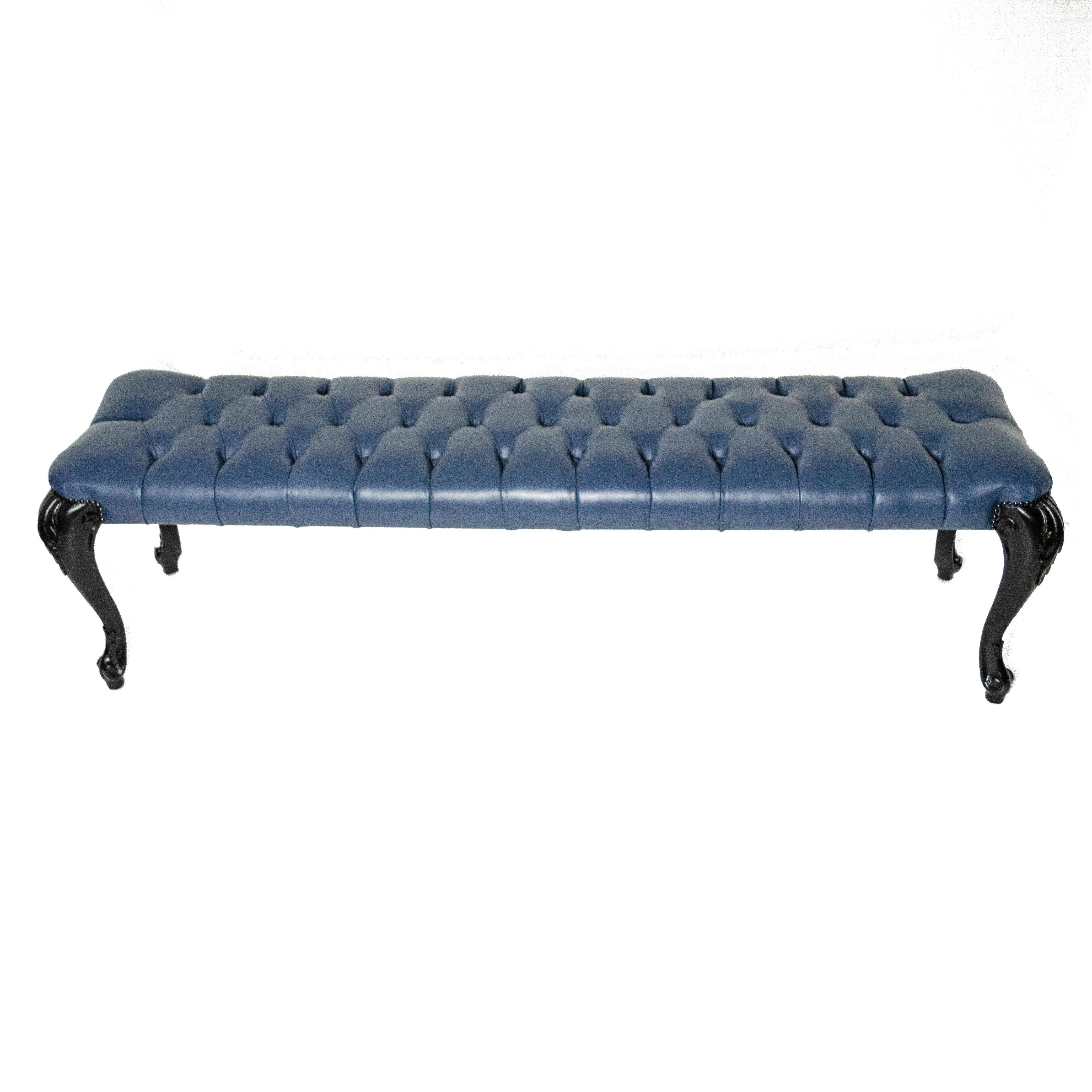 Baroque Revival Blue Leather and Black Ebonized Wood Bench, Italy 1950s