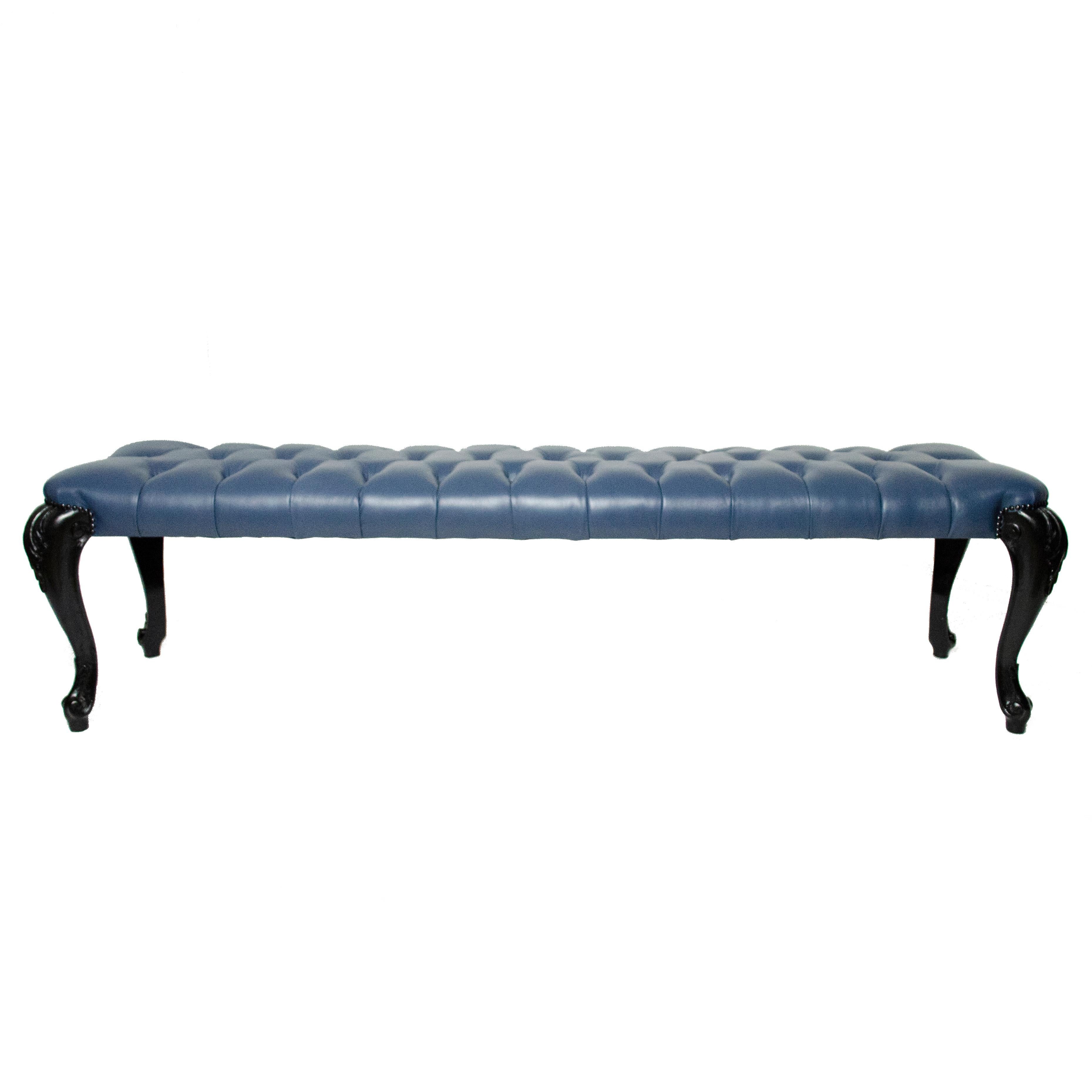 Blue Leather and Black Ebonized Wood Bench, Italy 1950s