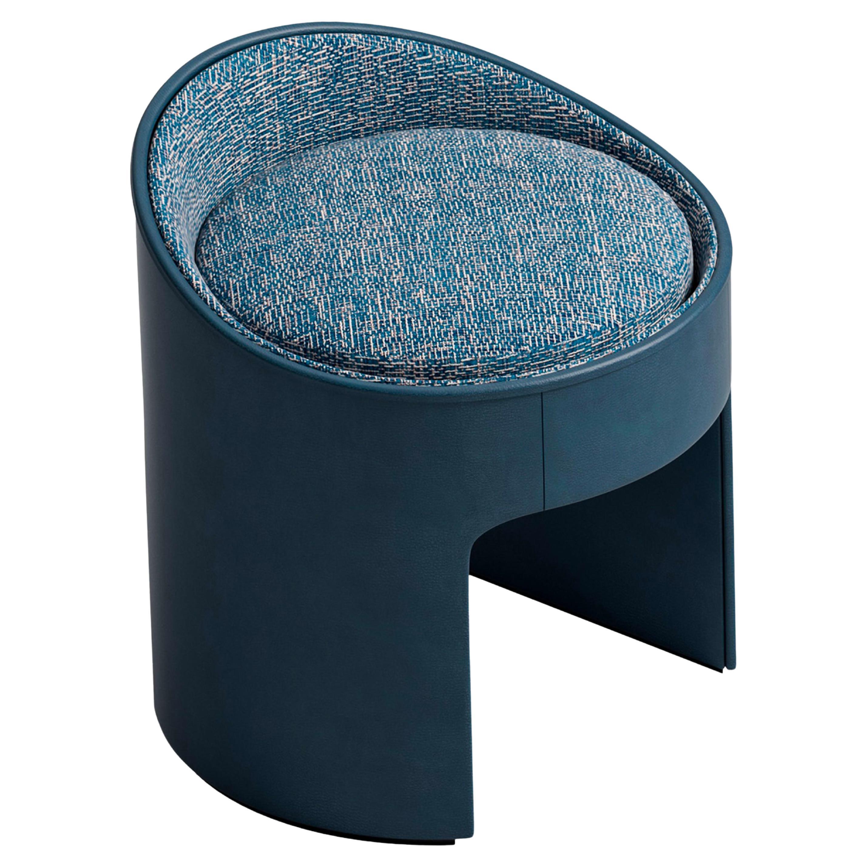 Blue Leather and Fabric Vanity Pouf