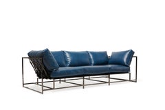 Blue Leather and Polished Black Nickel Sofa