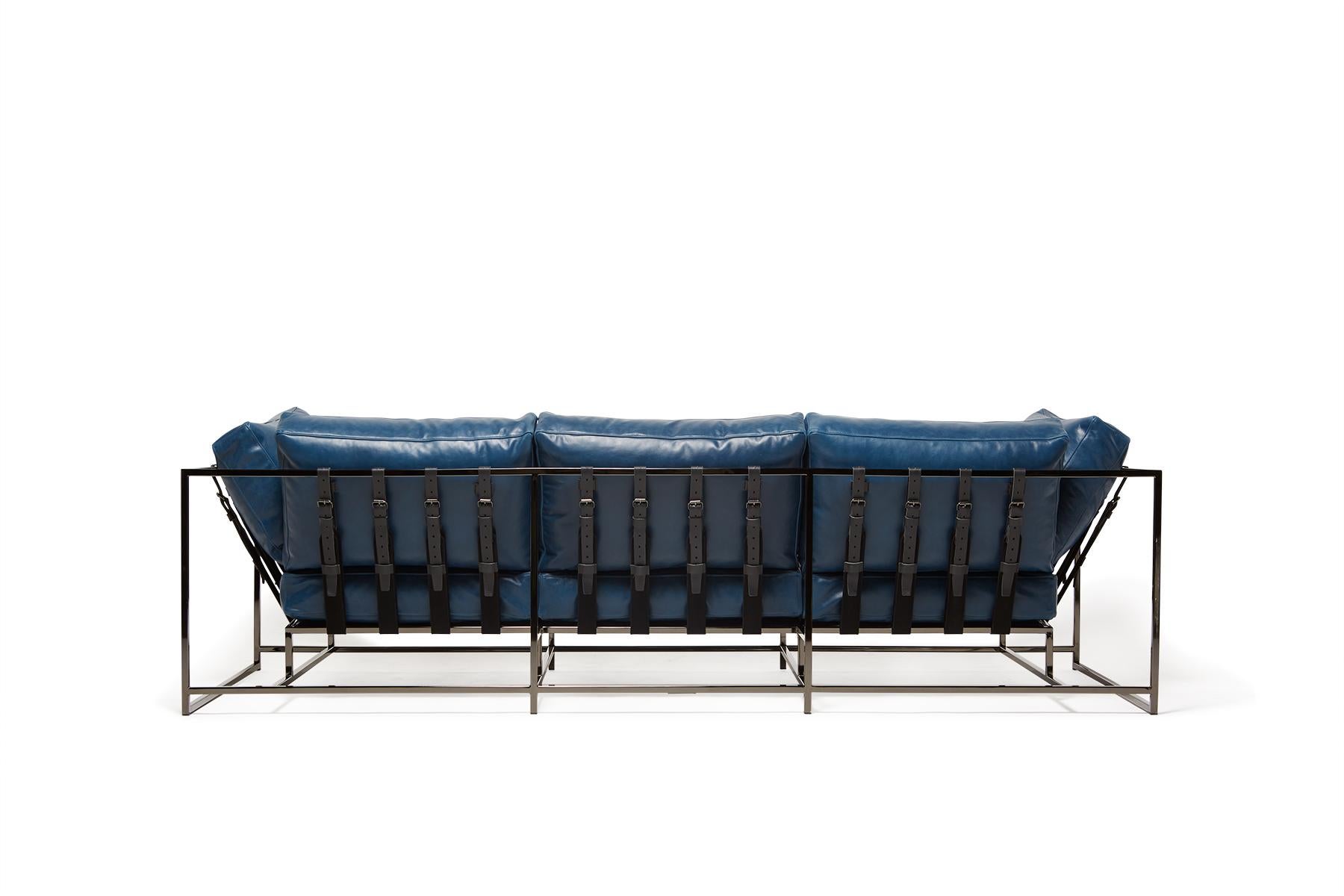 Modern Blue Leather and Polished Black Nickel Sofa For Sale