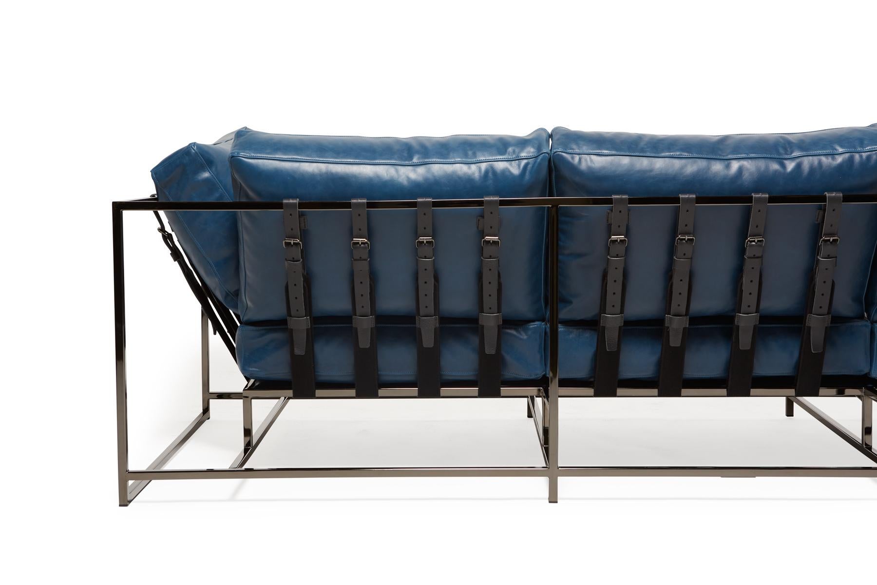 American Blue Leather and Polished Black Nickel Sofa For Sale
