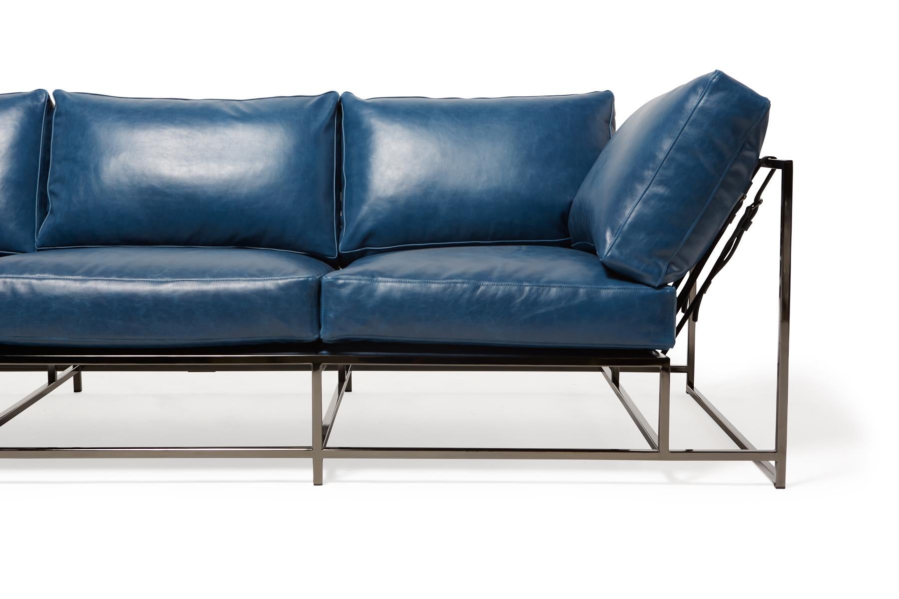 Metalwork Blue Leather and Polished Black Nickel Sofa For Sale