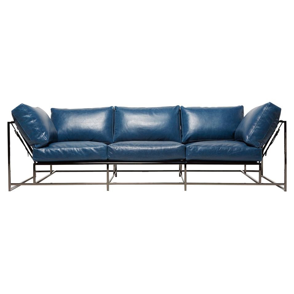 Blaues Sofa aus blauem Leder und poliertem schwarzem Nickel