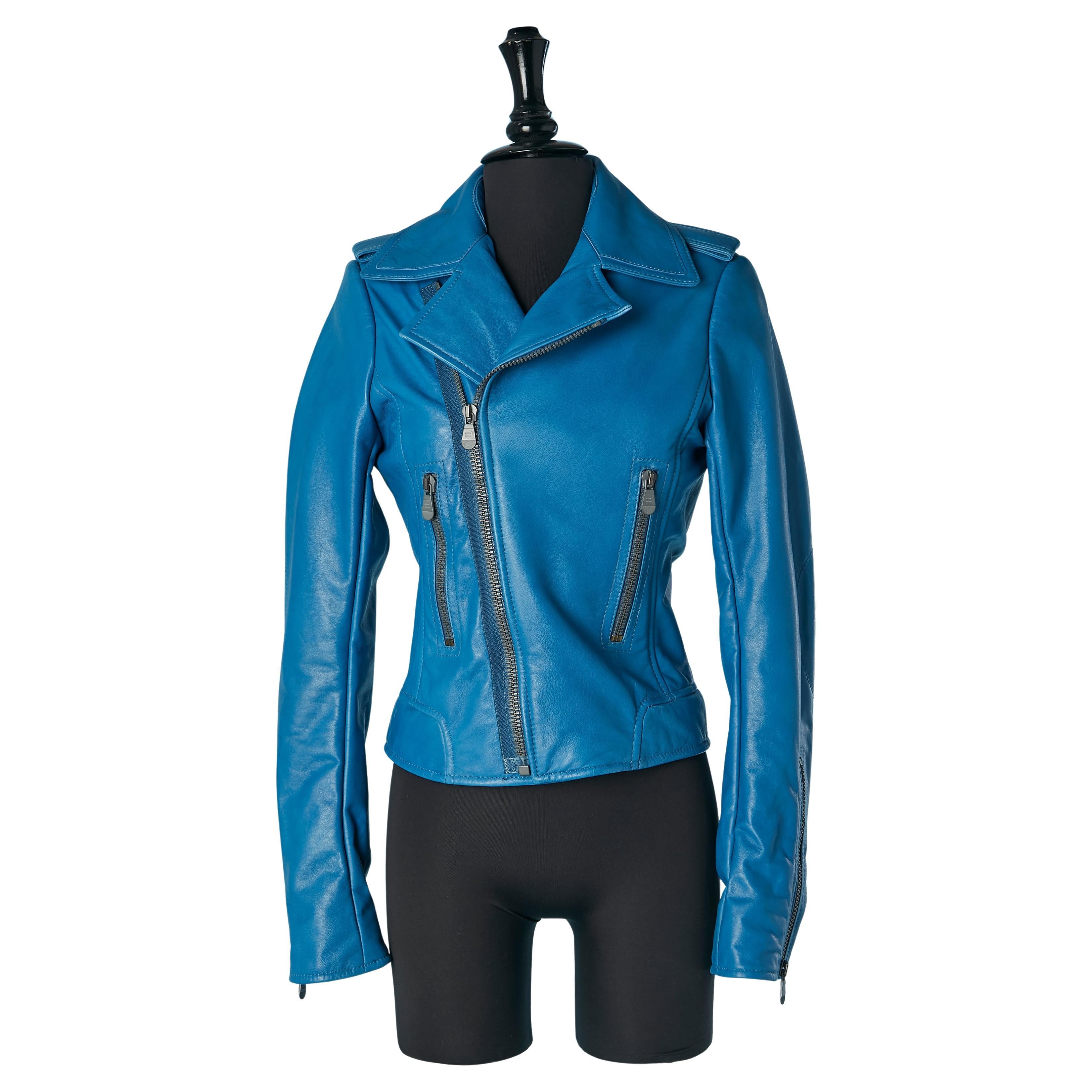 Blue leather biker jacket BALENCIAGA LEATHER by Nicolas Ghesquière