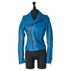 Giacca biker in pelle blu BALENCIAGA LEATHER di Nicolas Ghesquière
