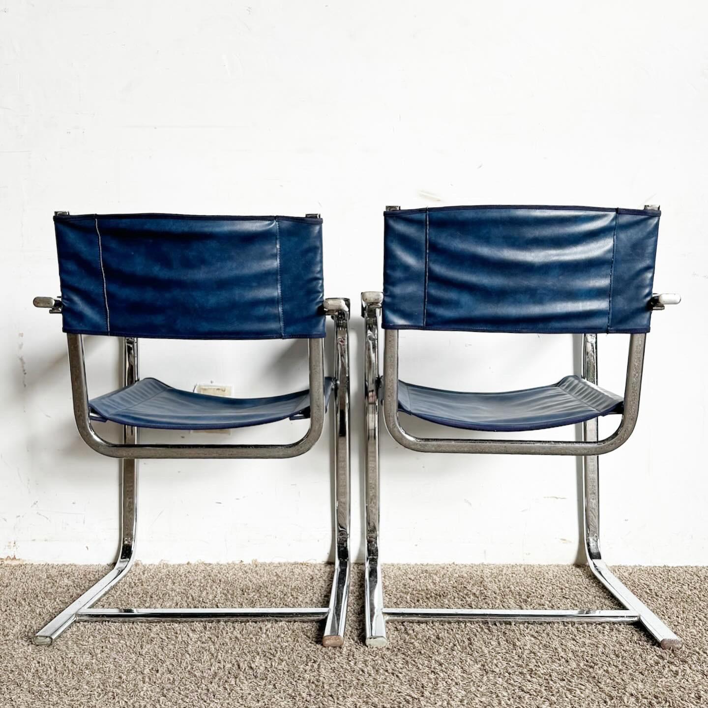 Mid-Century Modern Blue Leather Chrome Cantilever Dining Arm Chairs - Set of 4 For Sale