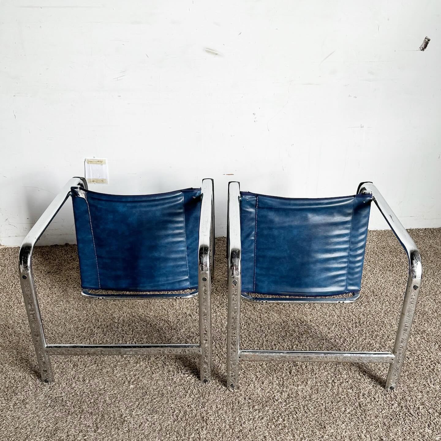 20th Century Blue Leather Chrome Cantilever Dining Arm Chairs - Set of 4 For Sale