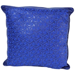 Blue Leather Embroidered Moroccan Throw Pillow