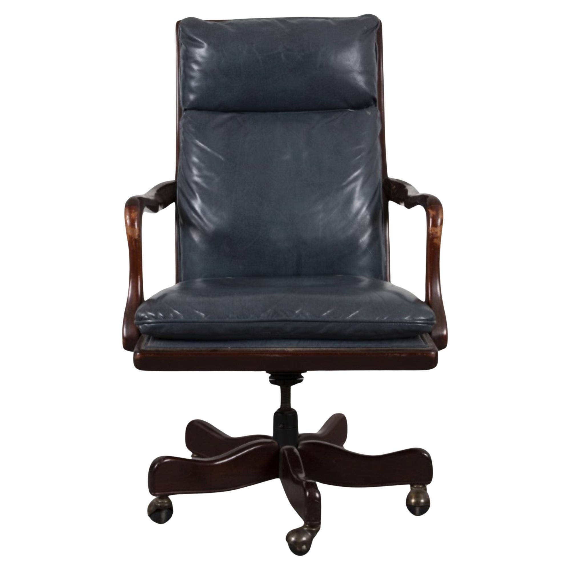 Blue Leather Executive Office or Desk Chair For Sale