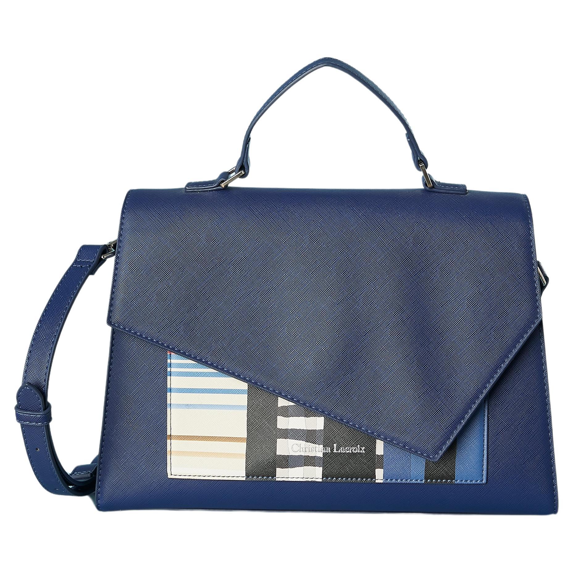 Blaue Lederhandtasche mit bedruckter Vorderseite von Christian Lacroix  im Angebot