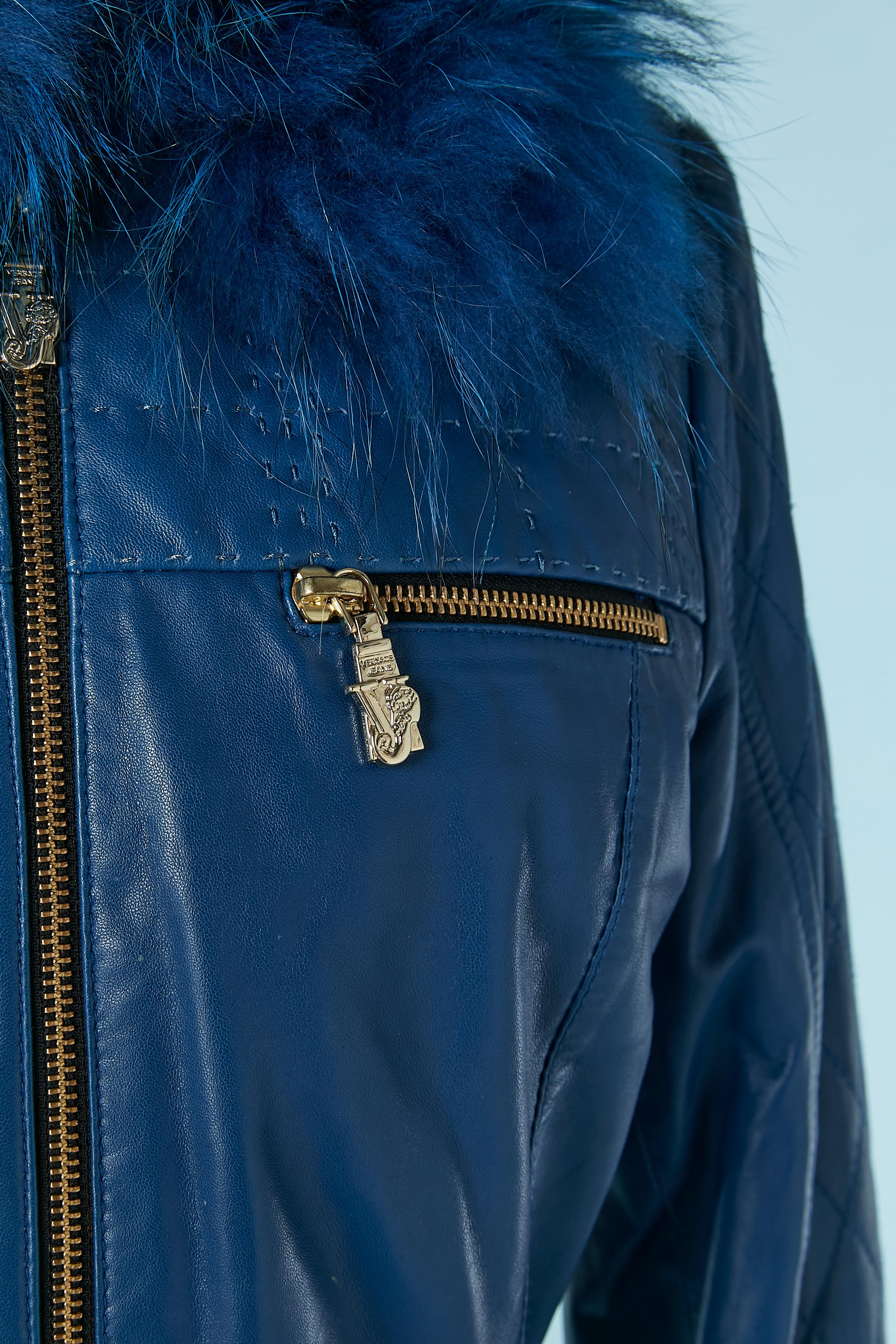 Blue leather jacket with fur collar and belt VERSACE JEANS In Excellent Condition For Sale In Saint-Ouen-Sur-Seine, FR