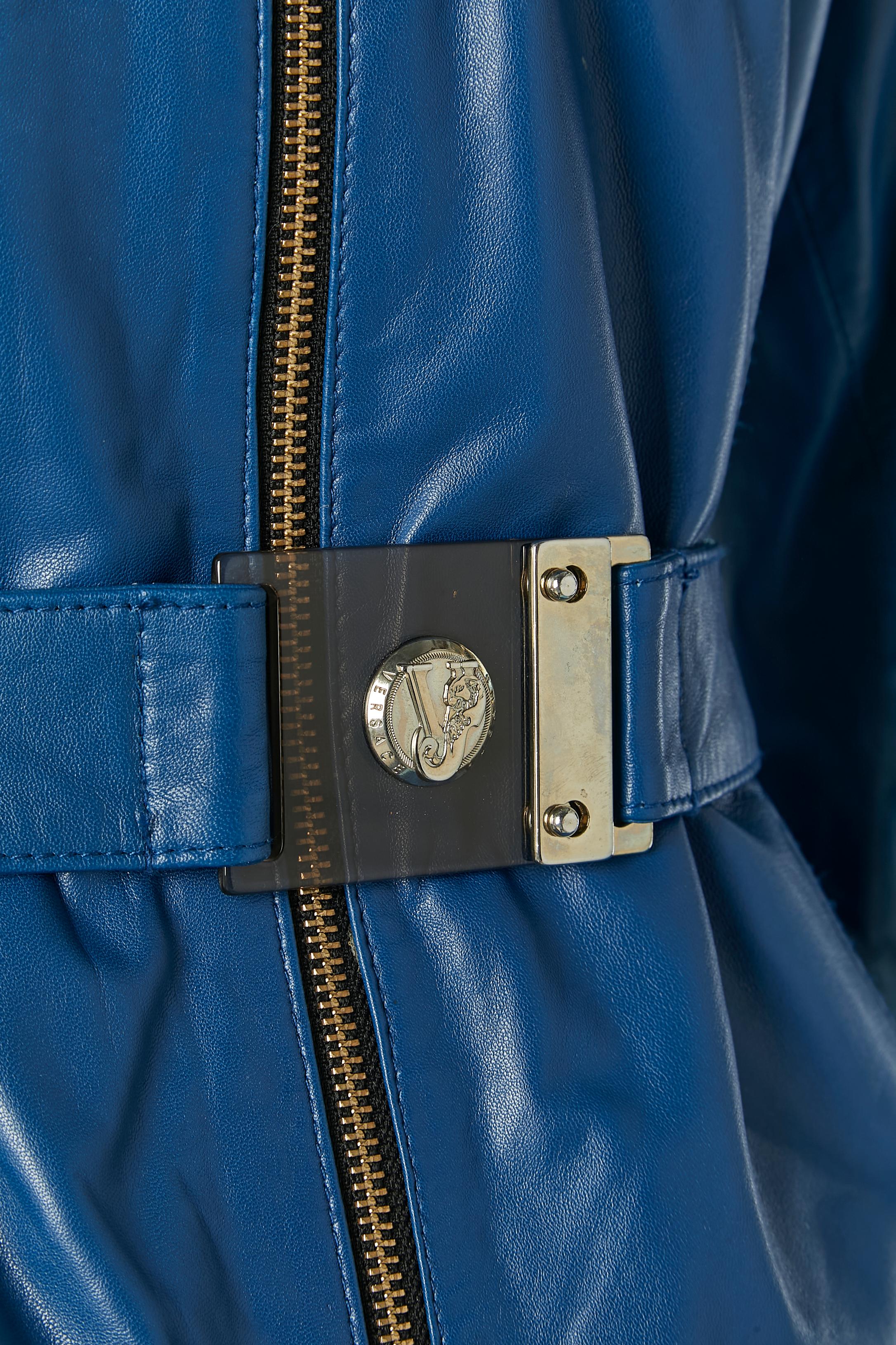 Women's Blue leather jacket with fur collar and belt VERSACE JEANS For Sale