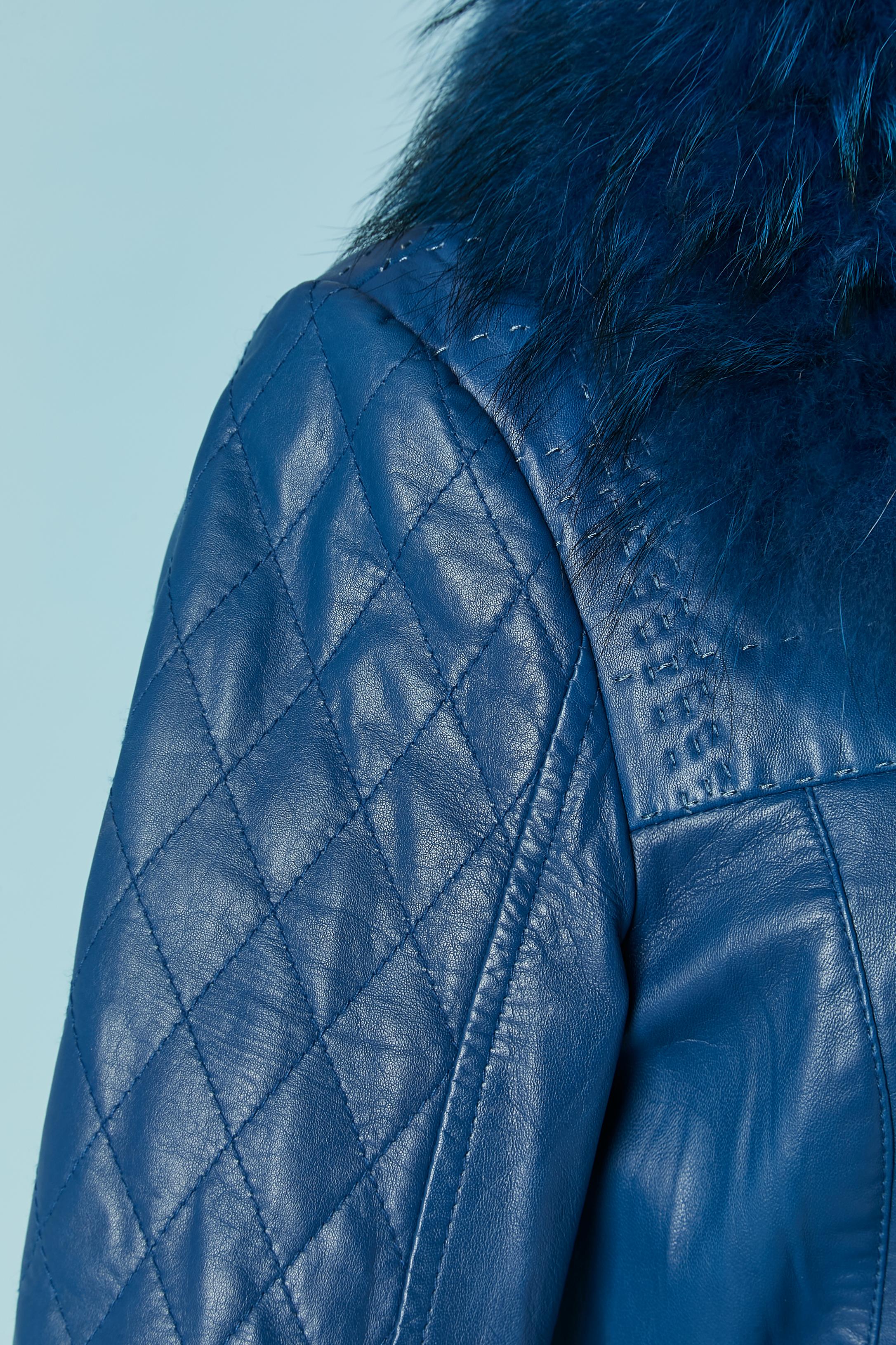 Blue leather jacket with fur collar and belt VERSACE JEANS For Sale 1
