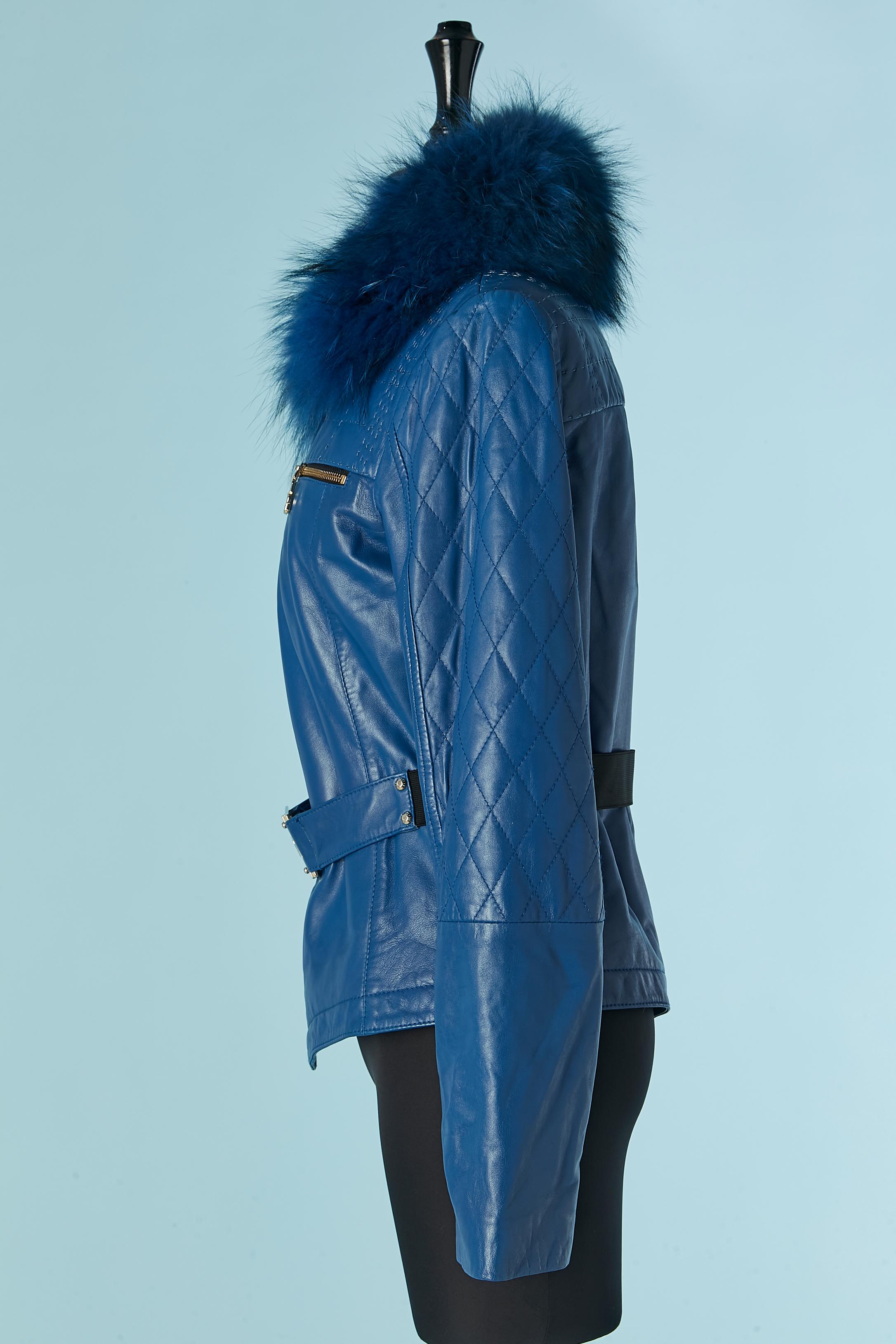 Blue leather jacket with fur collar and belt VERSACE JEANS For Sale 2