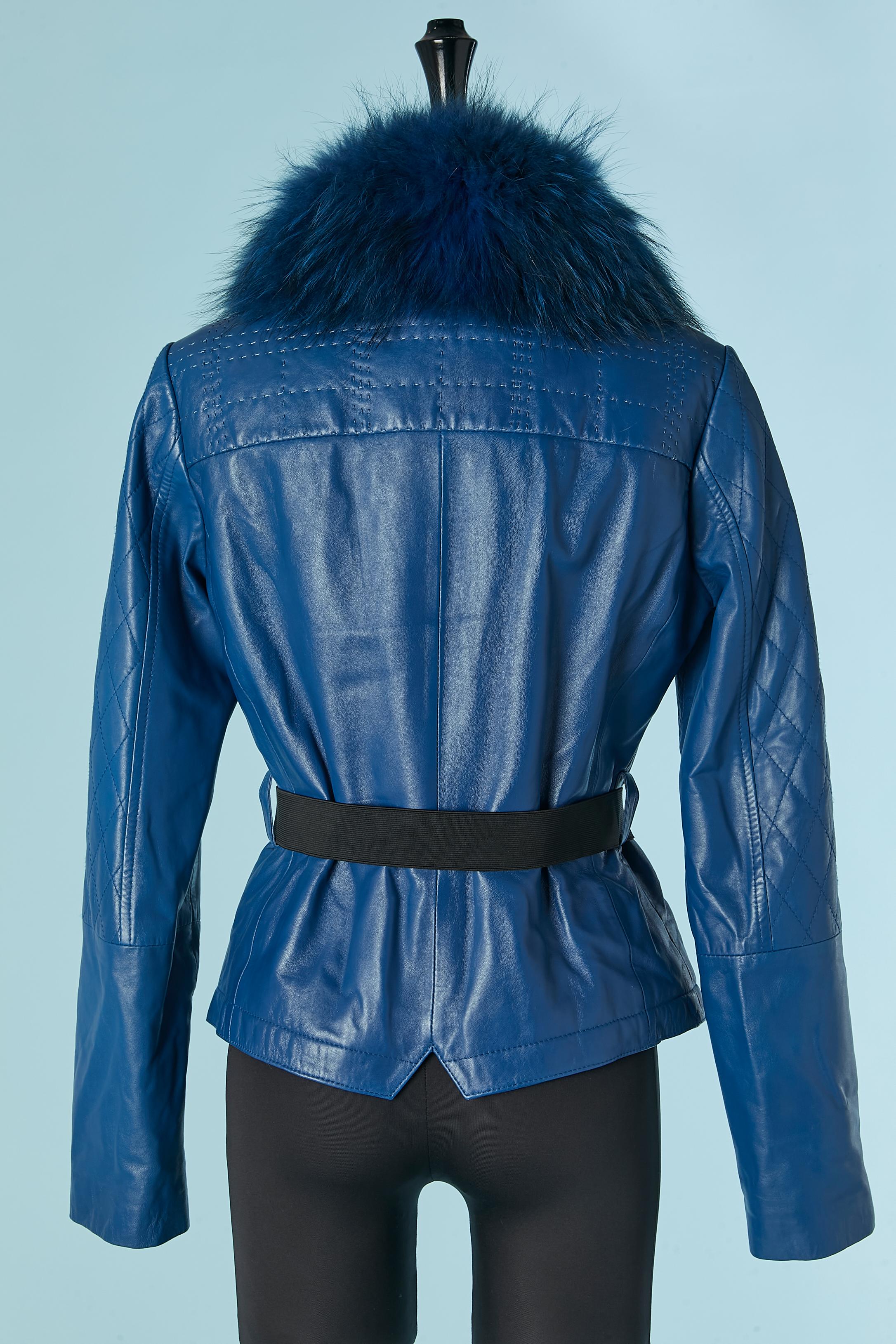 Blue leather jacket with fur collar and belt VERSACE JEANS For Sale 3