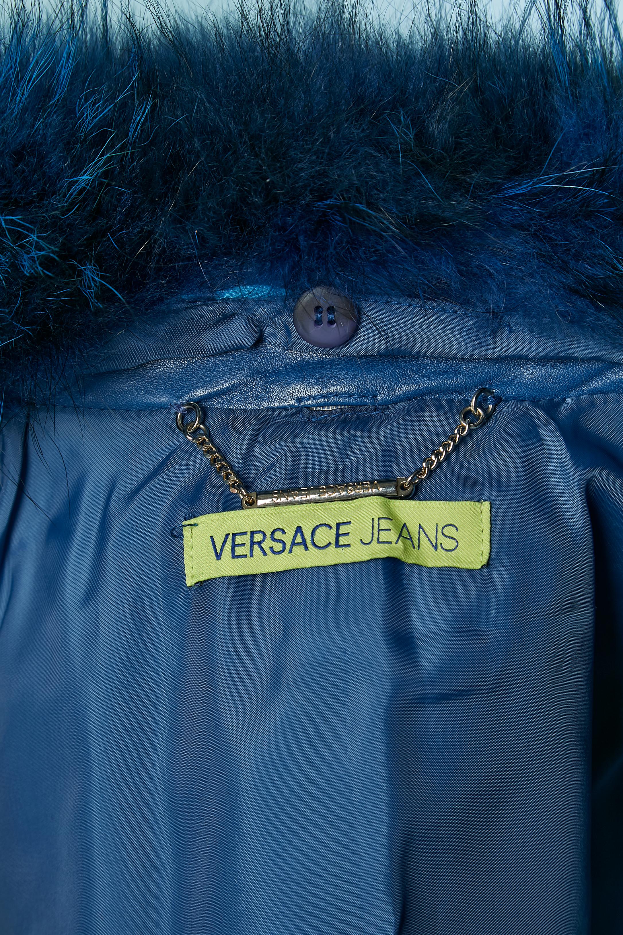 Blue leather jacket with fur collar and belt VERSACE JEANS For Sale 4