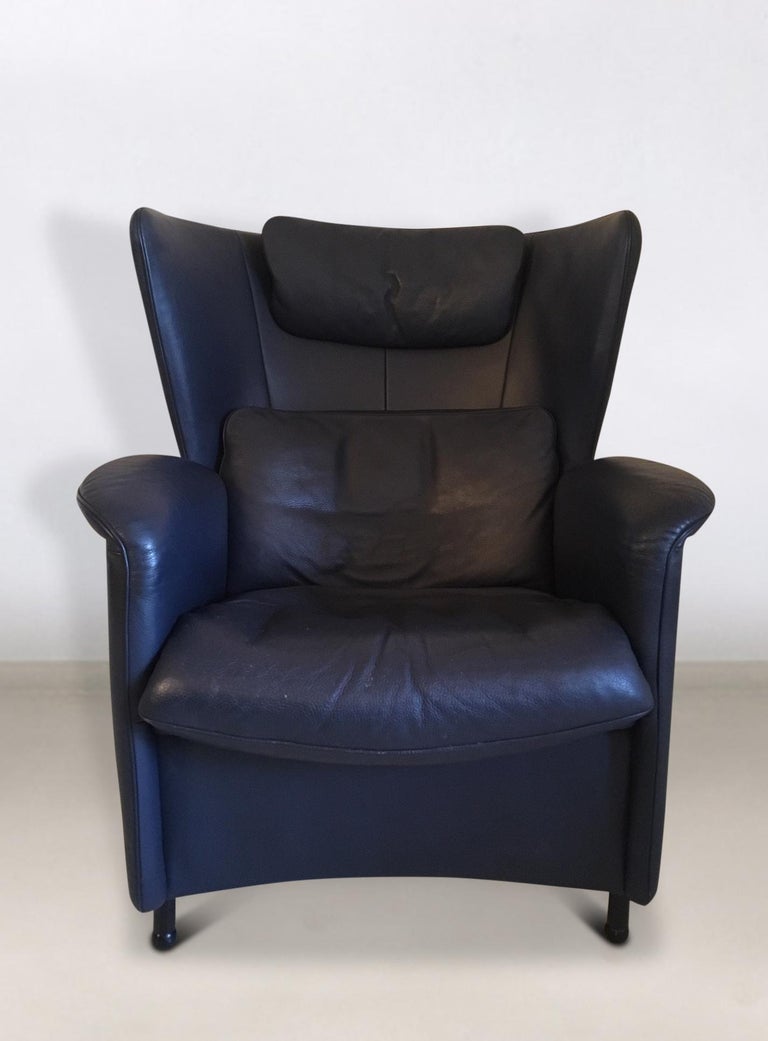 Post-Modern Blue Leather Lounge Chair and Footstool by De Sede, Model DS-23, 1990s For Sale