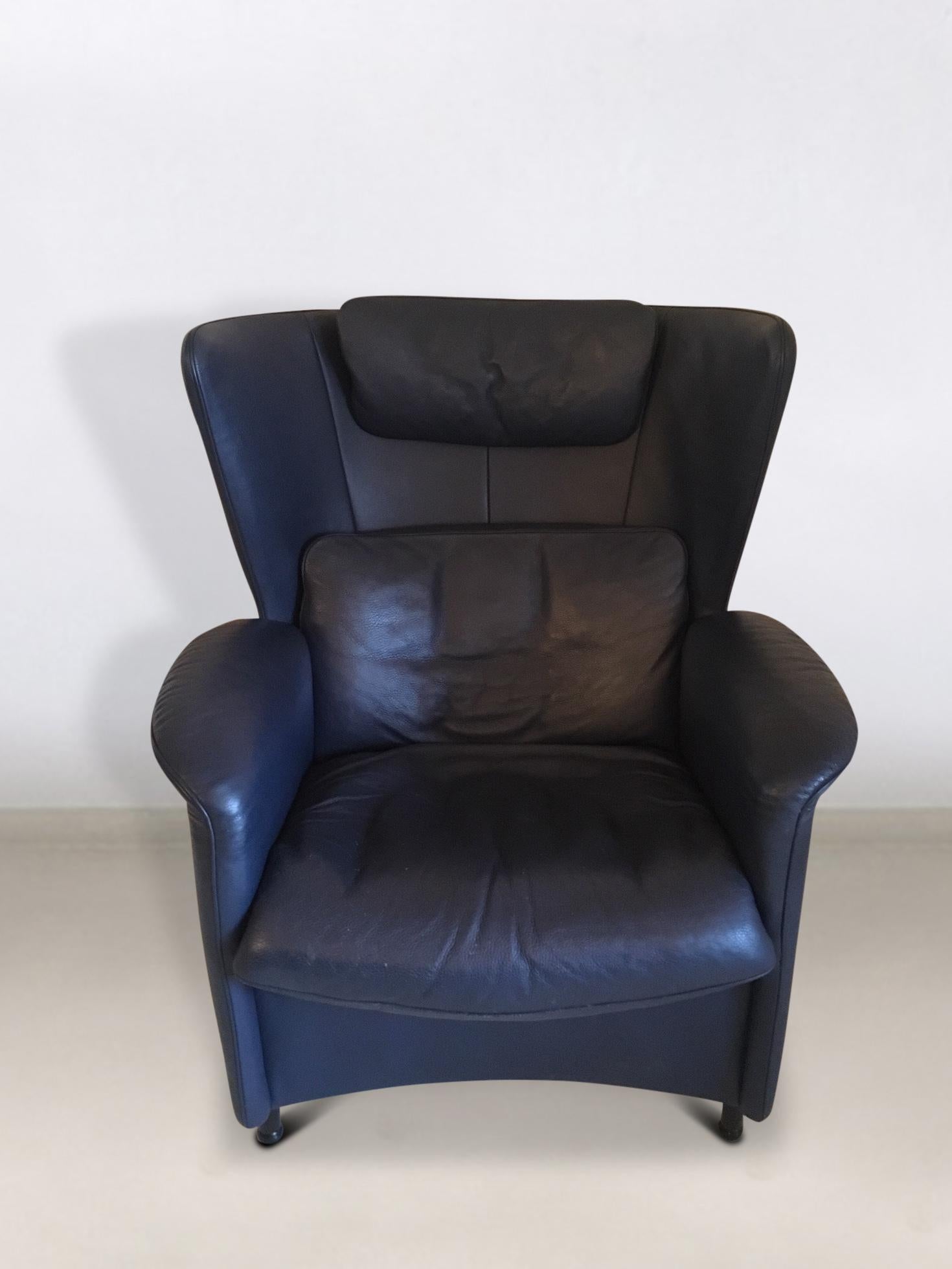 Swiss Blue Leather Lounge Chair and Footstool by De Sede, Model DS-23, 1990s For Sale