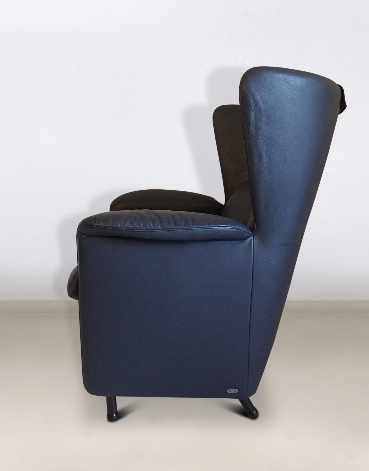 Late 20th Century Blue Leather Lounge Chair and Footstool by De Sede, Model DS-23, 1990s For Sale