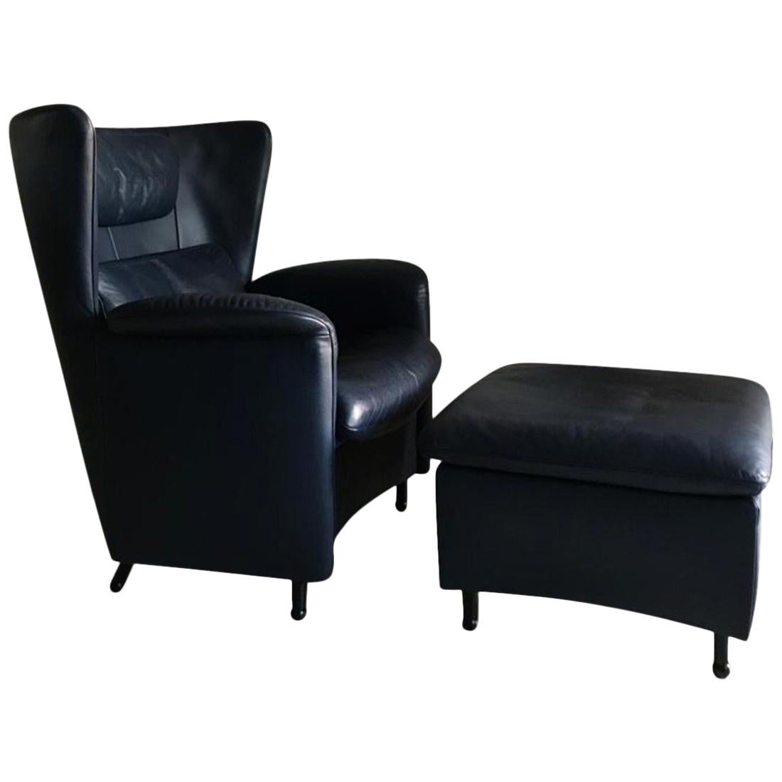 Blue Leather Lounge Chair and Footstool by De Sede, Model DS-23, 1990s For Sale
