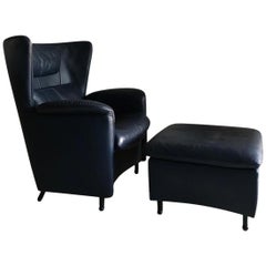 Blue Leather Lounge Chair and Footstool by De Sede, Model DS-23, 1990s