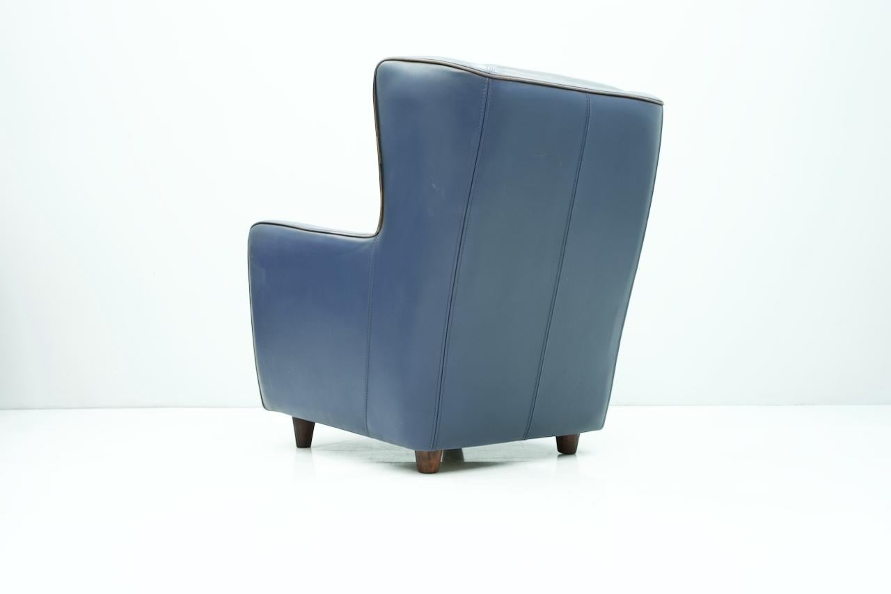 Italian Blue Leather Lounge Chair Bergère by Baxter, Italy For Sale