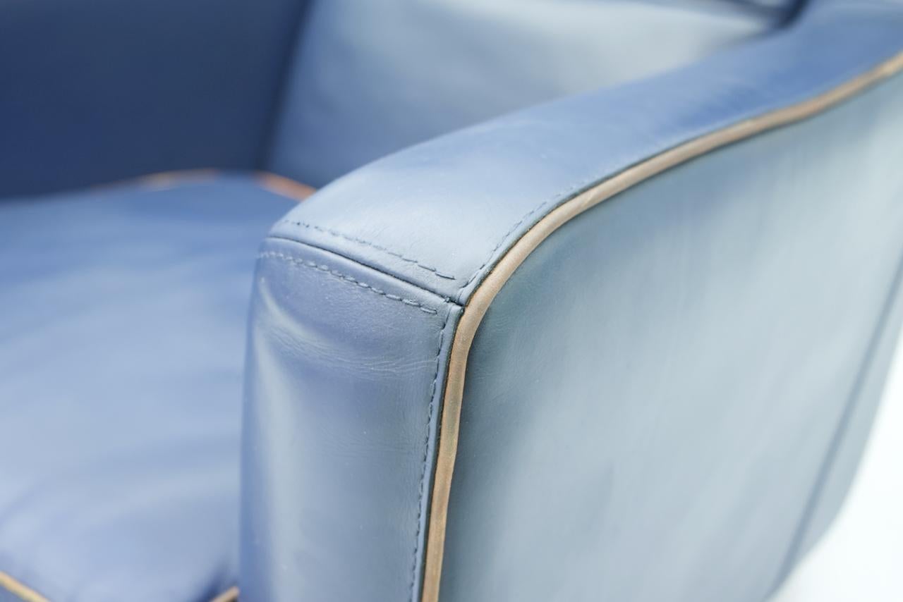 Blue Leather Lounge Chair Bergère by Baxter, Italy For Sale 3