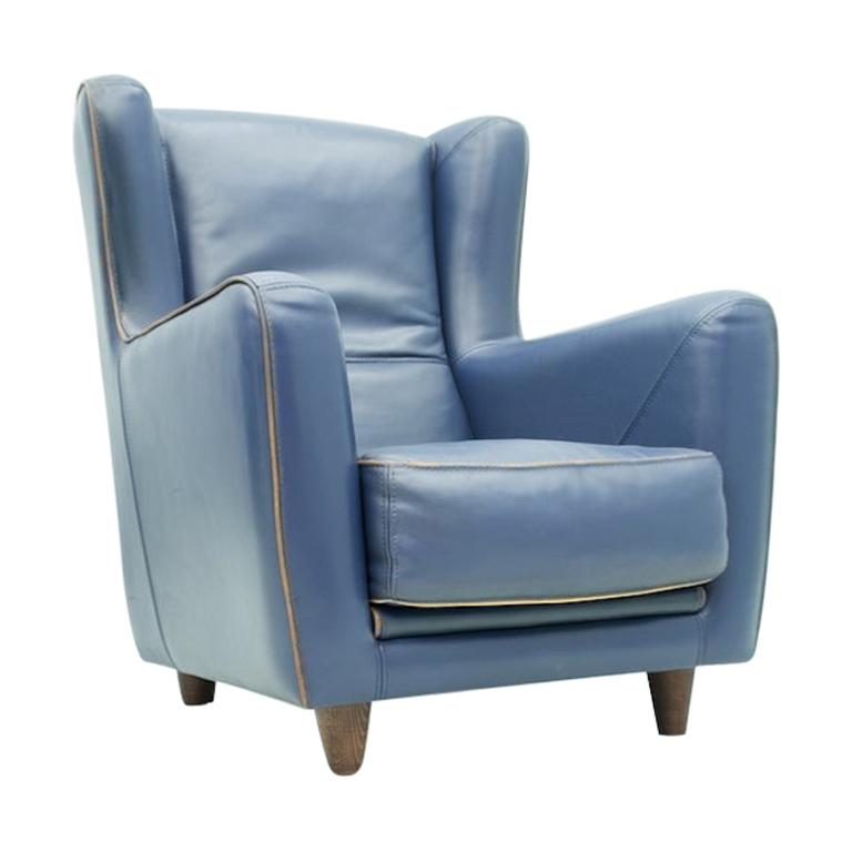 Blue Leather Lounge Chair Bergère by Baxter, Italy For Sale