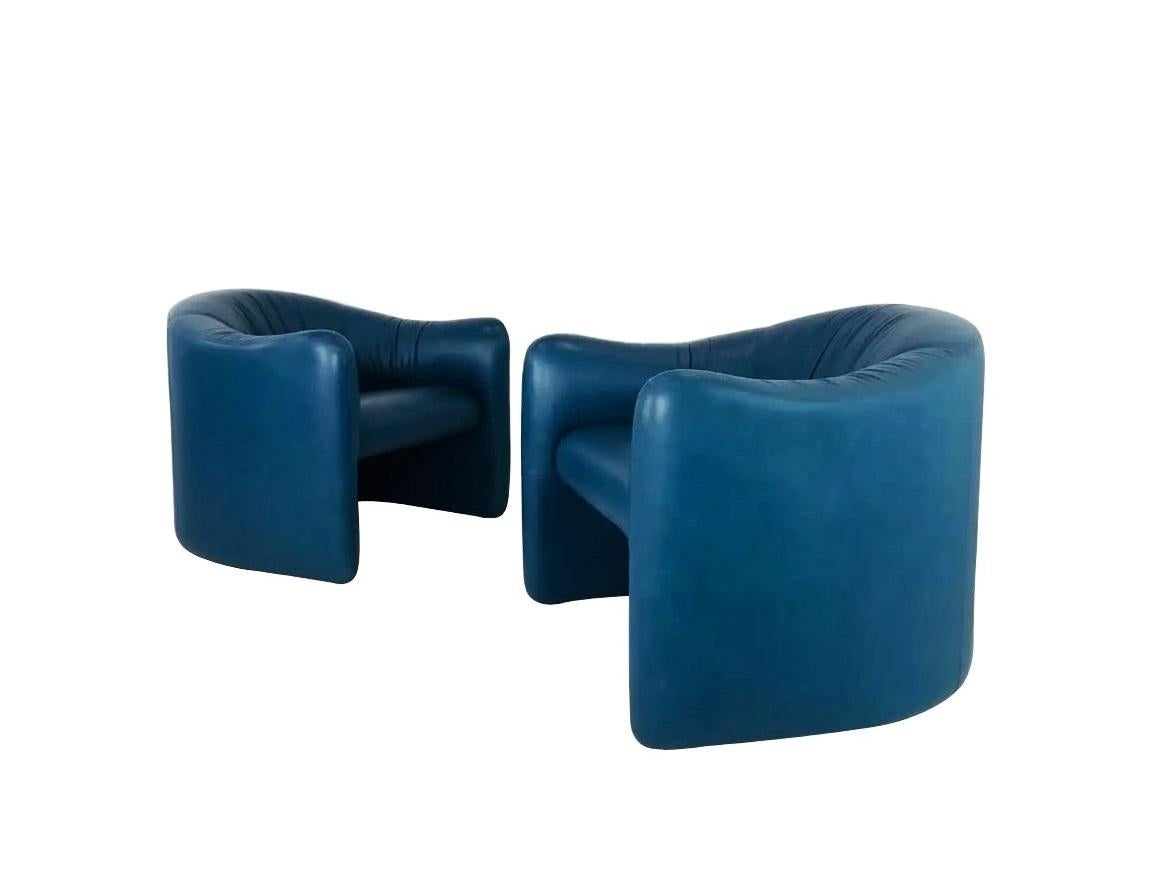 Mid-Century Modern Blue Leather Lounge Chairs by Metropolitan Furniture Corporation For Sale