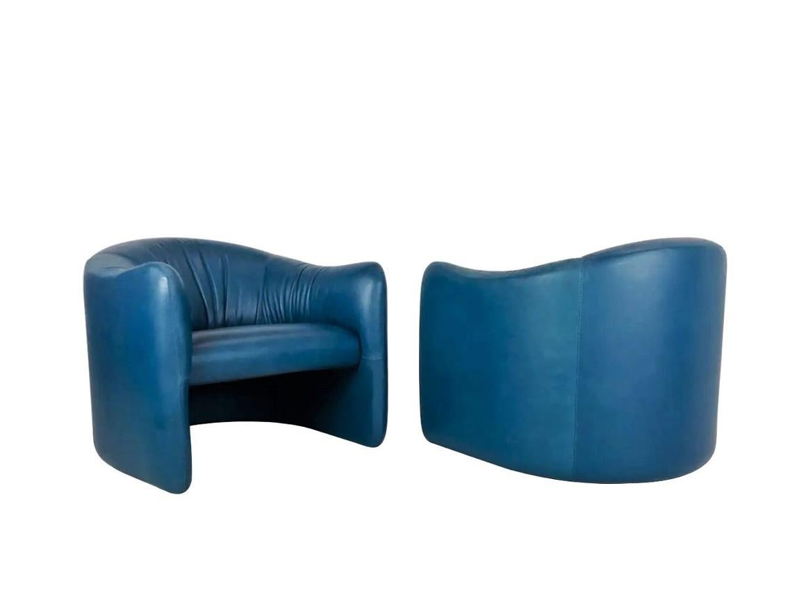 American Blue Leather Lounge Chairs by Metropolitan Furniture Corporation For Sale