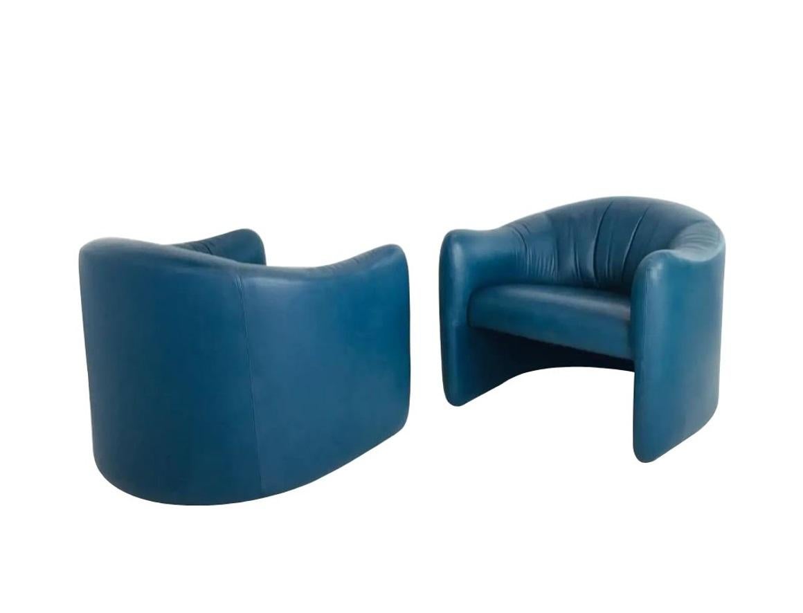 Velvet Blue Leather Lounge Chairs by Metropolitan Furniture Corporation For Sale