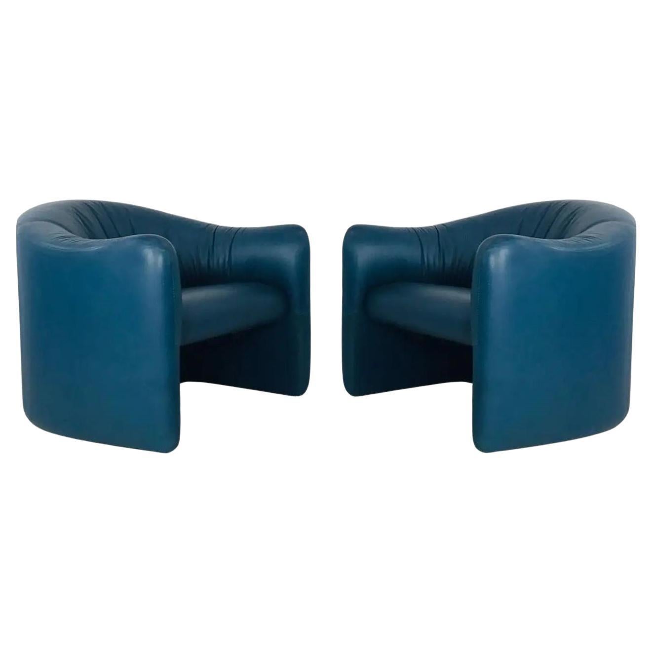 Blue Leather Lounge Chairs by Metropolitan Furniture Corporation For Sale