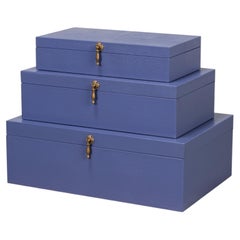 Blue Leather Nesting Boxes with Brass Tassels, Set of 3