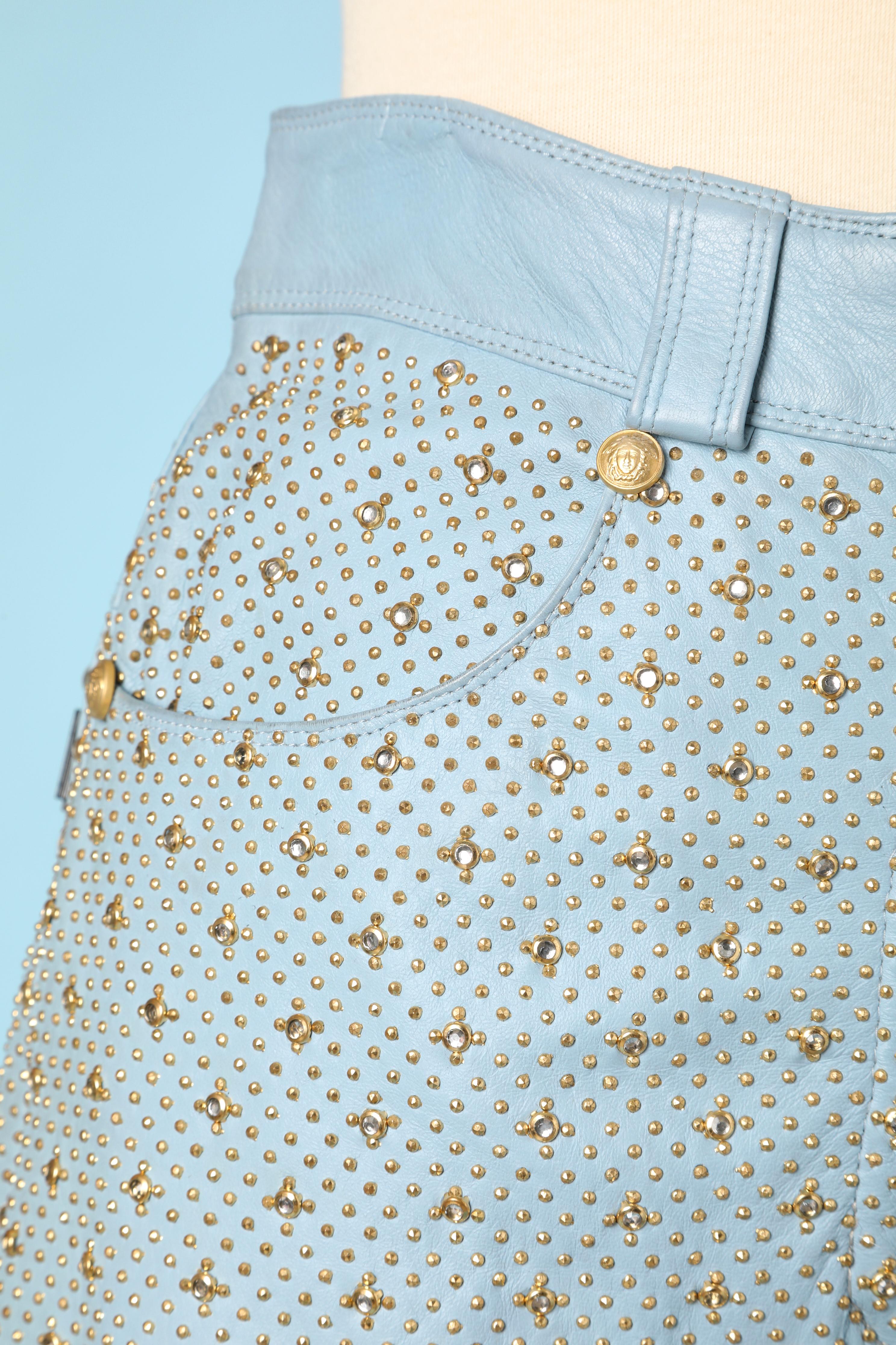 Gray Blue leather pants inlaid with gold studs and rhinestones attributed to Versace