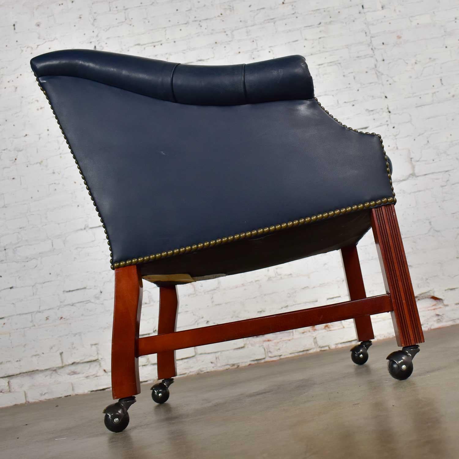 Blue Leather Rolling Captain’s Chair Campaign Chippendale Style 2