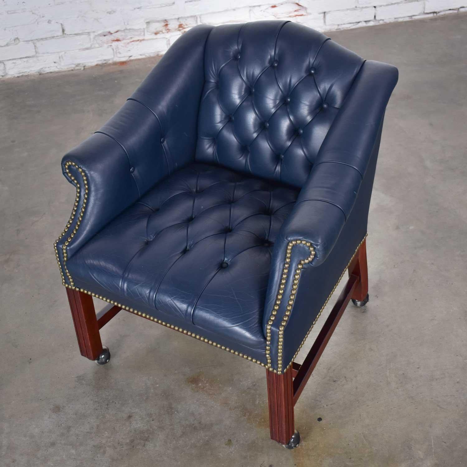 Blue Leather Rolling Captain’s Chair Campaign Chippendale Style 4