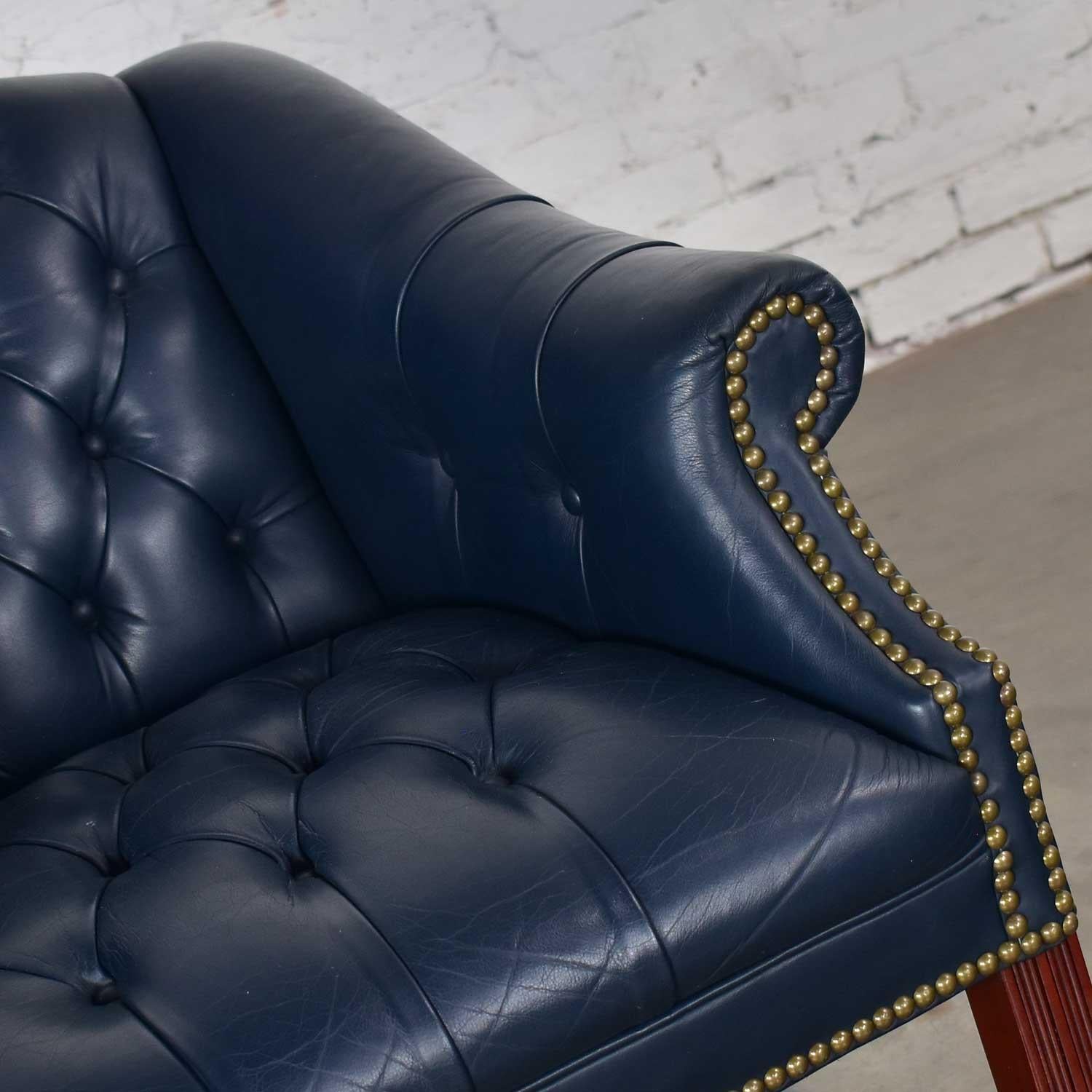 Unknown Blue Leather Rolling Captain’s Chair Campaign Chippendale Style