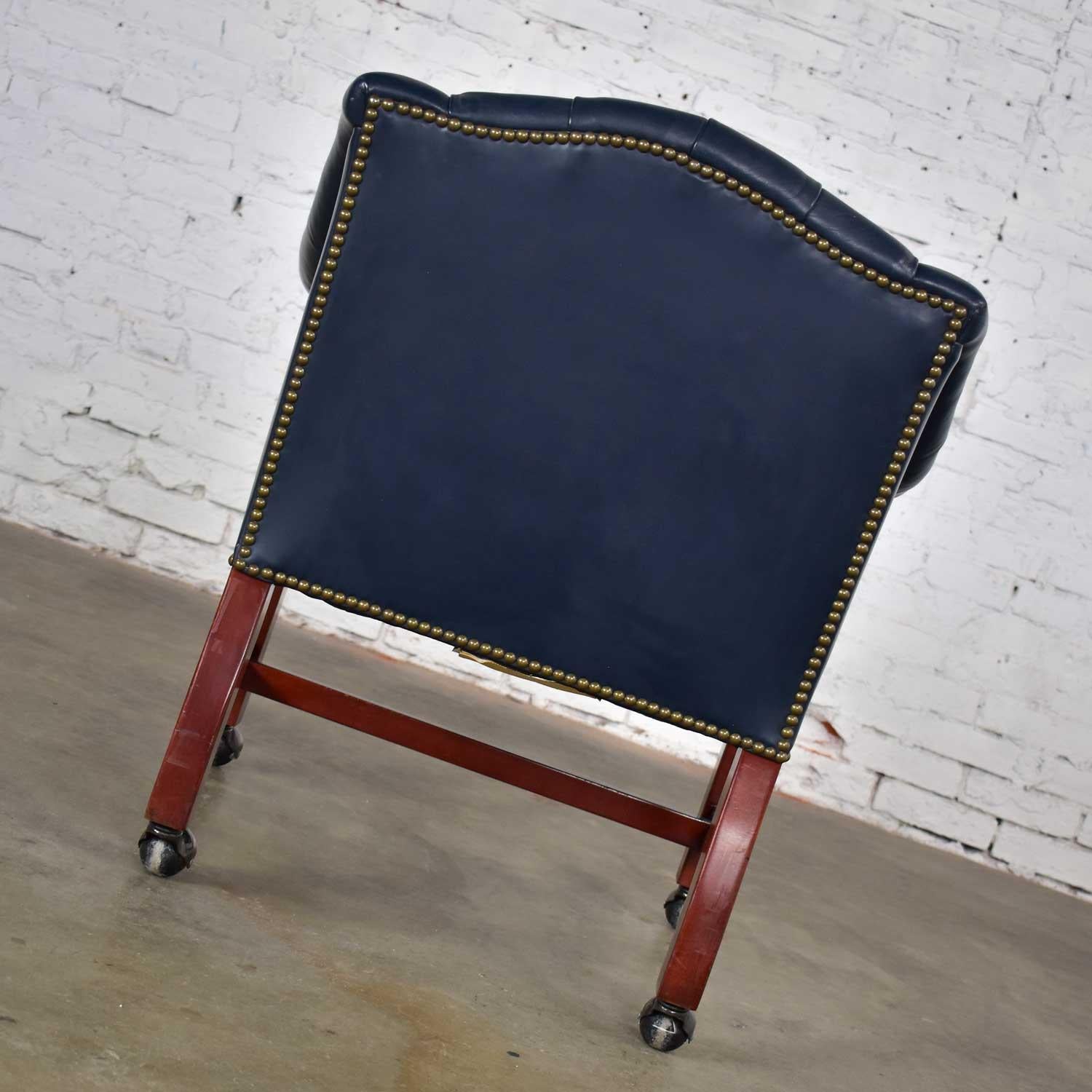 Blue Leather Rolling Captain’s Chair Campaign Chippendale Style 1
