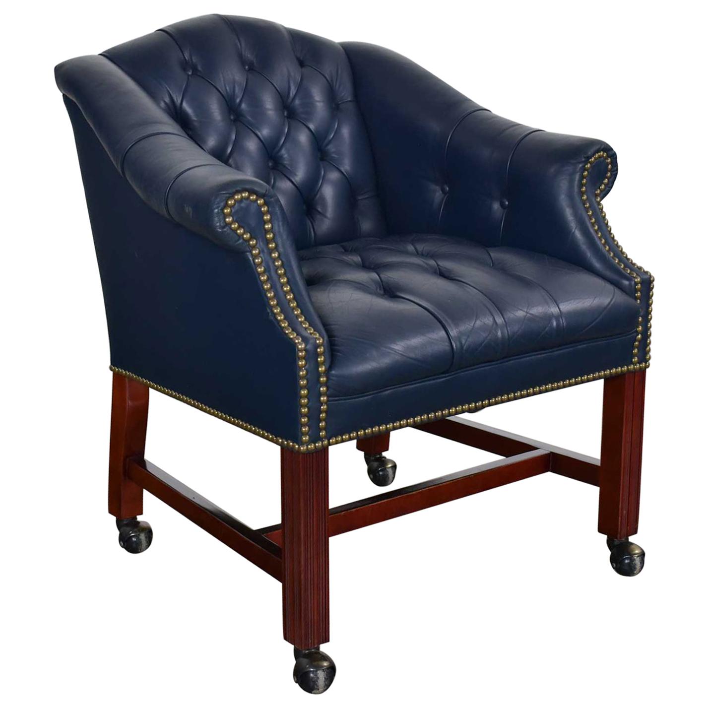 Blue Leather Rolling Captain’s Chair Campaign Chippendale Style