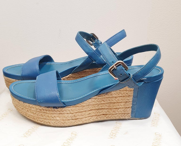 Women's Blue Leather Sandals by PRADA For Sale