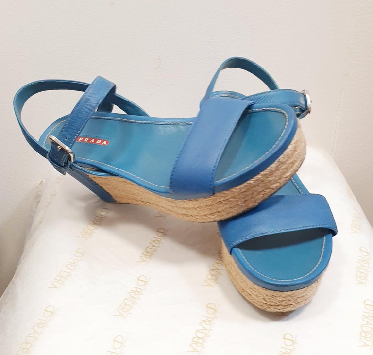 Blue Leather Sandals by PRADA For Sale 2